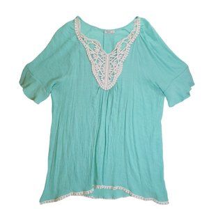 Spin Women’s Turquoise Green white dressy Top Shirt Lace Front USA Made Size 3XL